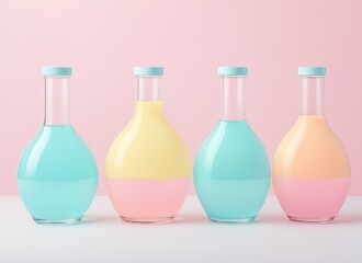 Four glass bottles with colored liquids on a white table against a pink background - blue, yellow, and pink liquids create a vibrant composition
