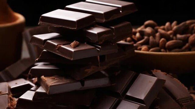 Delectable Dark Chocolate: A close-up showcases the rich, velvety texture of dark chocolate squares, enticing with its delicious aroma. This composition evokes feelings of indulgence, satisfaction.