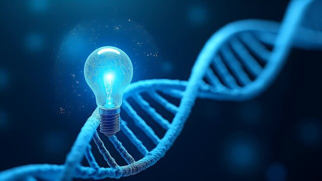 Blue Lightbulb Emerging from a 3D DNA Helix Representing Genetic Innovation