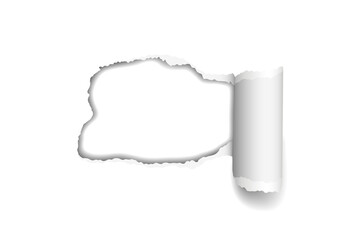 Realistic hole torn in white paper with curled rolled edges on transparent background