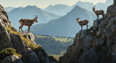 Mountains with ibexes, serene atmosphere, grazing on rocky ledges, scenic backdrop