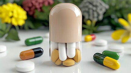 Assorted pills and capsule health care illustration