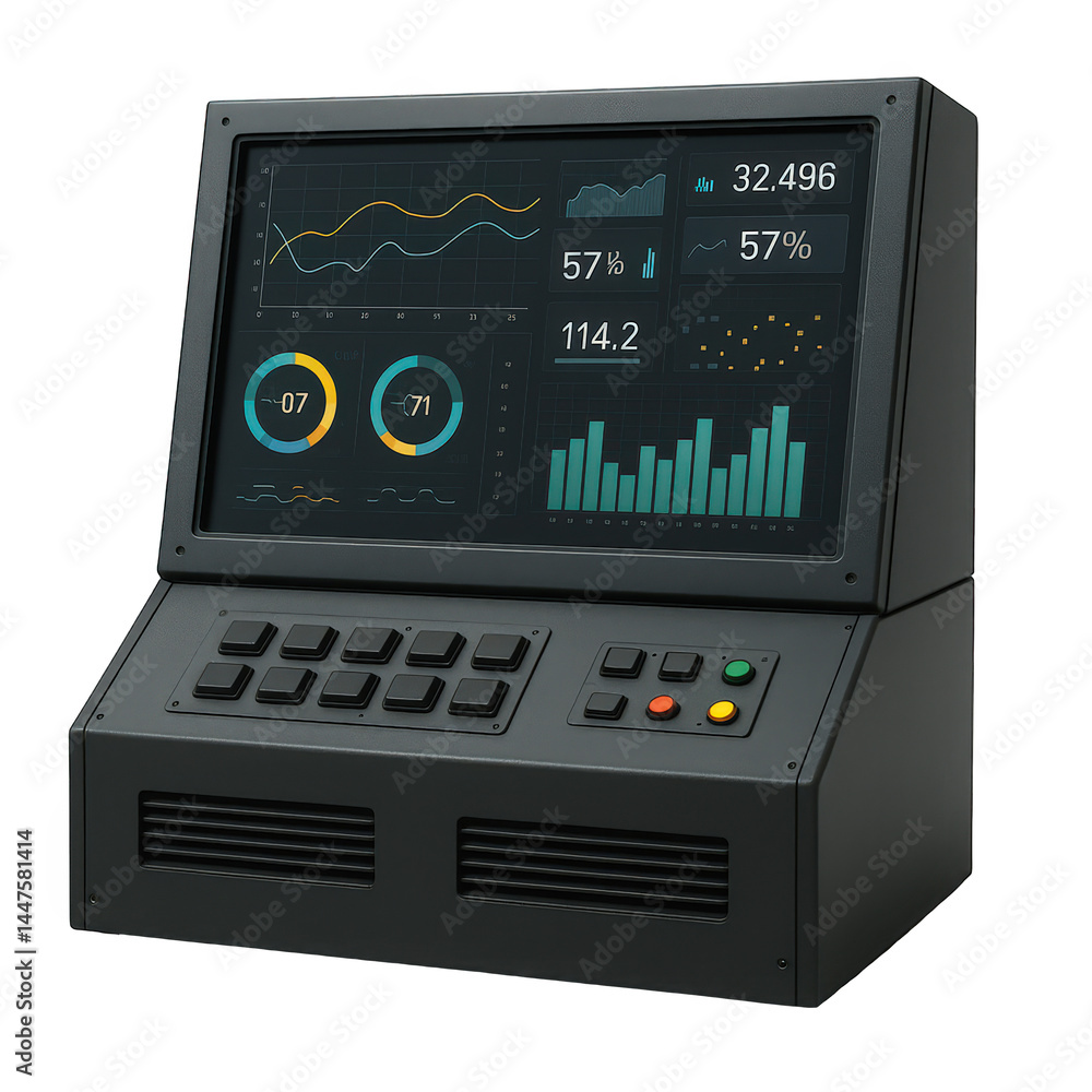 Poster dark gray technological console featuring a display with charts, graphs, and tactile buttons for ope