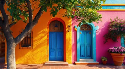 Vibrant colorful houses with blue doors