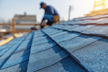 Roofing Installation:  Worker Carefully Places Asphalt Shingles on New House Roof Structure Efficiently