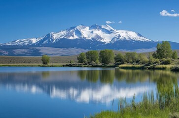 A snow-capped mountain range reflected in a calm lake,