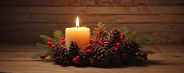 Flickering candle above wooden surface  Pinecone, berry arrangement  Cozy indoor scene, gentle glow, festive mood ,  festive, candlelight,  cozy