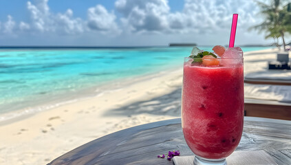 Refreshing Watermelon Slush Drink on a Tropical Beach