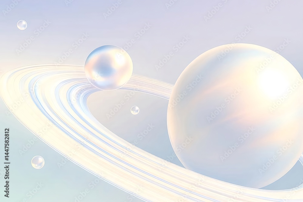 Aufkleber 青と白の球体とリング状の構造が浮かぶ抽象的な背景 宇宙空間に浮かぶ神秘的な光景