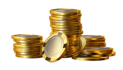 Golden casino chips stacked gaming tokens on transparent background