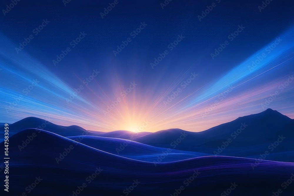 Poster 夜空に広がる光と星の輝き 山並みとグラデーションが織りなす幻想的な風景