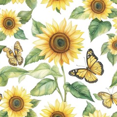 Yellow sunflowers and butterflies on a white background, detailed illustration.  Botanical print