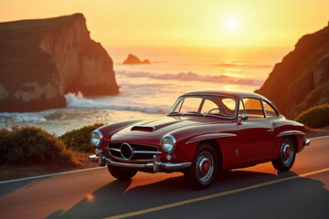 Obraz premium classic vintage car parked on a coastal road at sunset, surrounded by dramatic cliffs and ocean waves, warm golden hour lighting
