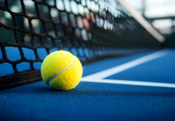 Tennis Ball on Blue Court Near Net