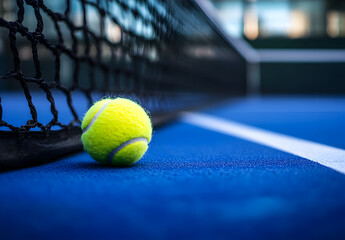 Tennis Ball on Blue Court Near Net