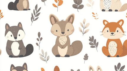 Obraz premium Charming Seam Pattern Featuring Playful Foxes Adorned with Colorful Leaves in a Whimsical Nature Design