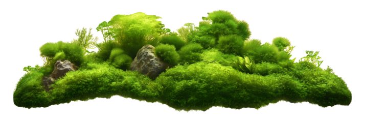 Lush green aquarium plants and rocks isolated on transparent background