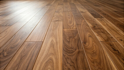 Matte finished walnut wood floor with soft grain texture and warm brown tones creating cozy and natural atmosphere in room