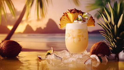 Tropical Pi&ntilde;a Colada Cocktail with Pineapple and Coconut by the Beach