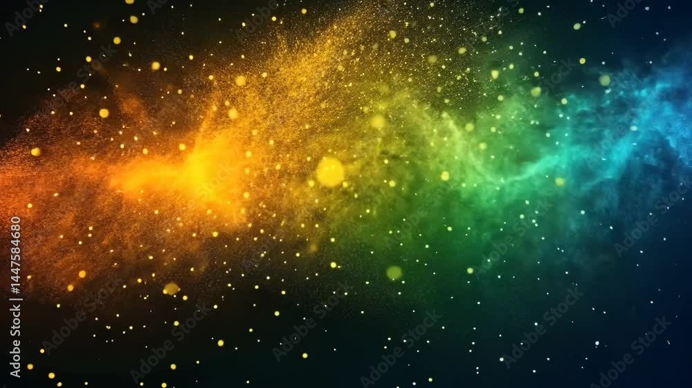 Poster vibrant rainbow particle explosion across dark space in dynamic motion sequence