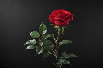 A single red rose blooms against a stark black backdrop , flower, leaf