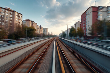 Obraz premium Motion blur creates a dynamic view of a train track running through an urban landscape at twilight.