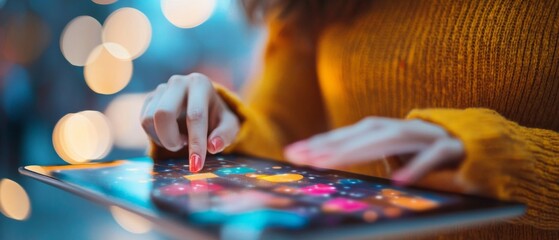 A woman in an orange sweater plays a colorful game on a tablet. Useful for articles about technology, entertainment, gadget reviews.