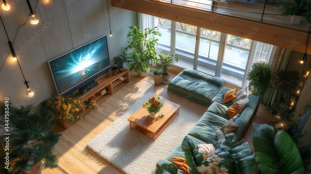 Poster 高角度の植物と装飾が施された明るいリビングルームのインテリアデザイン モダンなソファと木製テーブルの周りのさまざまな花と光の雰囲気