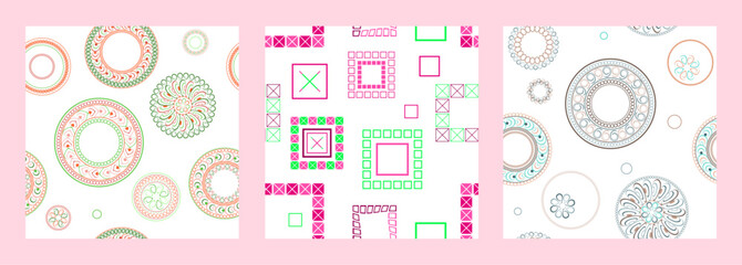 Seamless pattern of geometric shapes. Bright seamless pattern. Set of 3 patterns. Design for fabric, wallpaper, wrapping paper. Vector