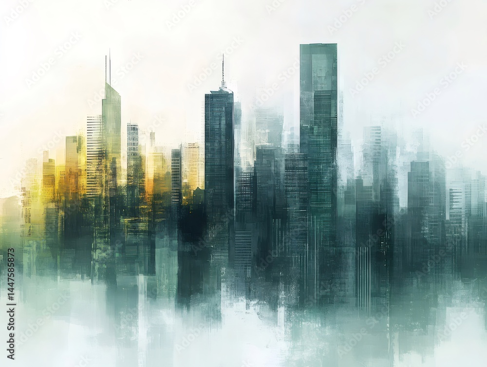 Aufkleber 水彩画風の都市景観 鮮やかな色彩のビル群と背景の雲と霧 幻想的な光と影が織りなすモダンな街並み