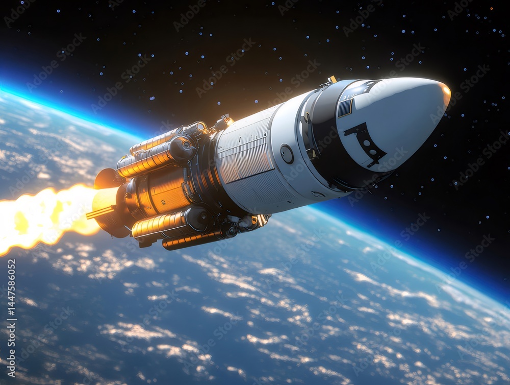 Poster 宇宙空間を飛行するロケット 地球の青い球体背景に燃える炎 宇宙船の打ち上げシーン