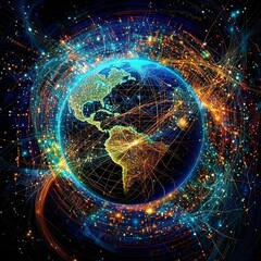 Obraz premium Artistic depiction of technology's impact on data sharing around the planet.