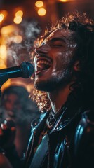 Passionate musician singing into a microphone on stage, illuminated by bright lights. Suitable for album covers, concert ads, music blogs.