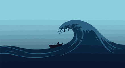 Tiny Boat Silhouette in Giant Wave