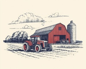 A vintage tractor complements the idyllic countryside landscape.