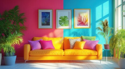 Vibrant, colorful room with a yellow couch