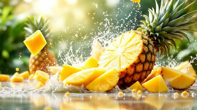 Freshly Sliced Pineapple with Splashing Water, Perfect for a Summer Drink, Vibrant, close-up image of a sliced pineapple with water splashing around it.