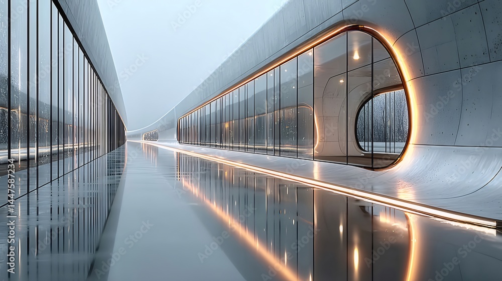 Poster 近代的な建築デザイン 雨上がりの水面と光の反射 モダンな建物 屋外のグレーの風景