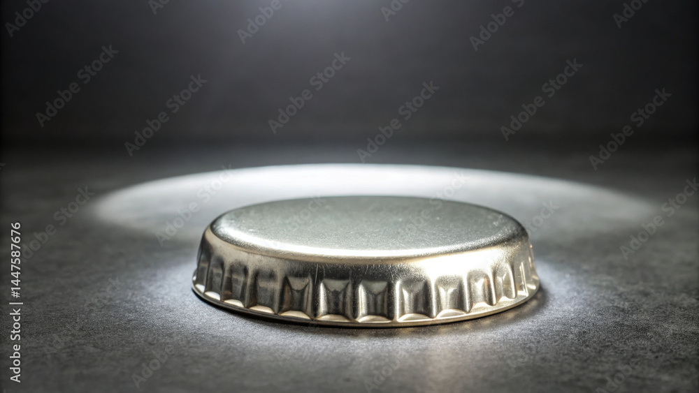 Poster metallic bottle cap on gray surface with spotlight shining, creating reflective and textured effect,