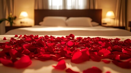 Romantic bedroom setting with scattered red rose petals on bed love soft warm life soft hotel decor