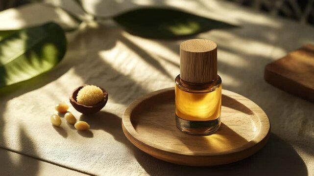 A minimalist composition featuring a jar of golden argan oil surrounded by argan seeds, set against a soft beige backdrop with natural light and shadow. The image conveys purity, natural beauty