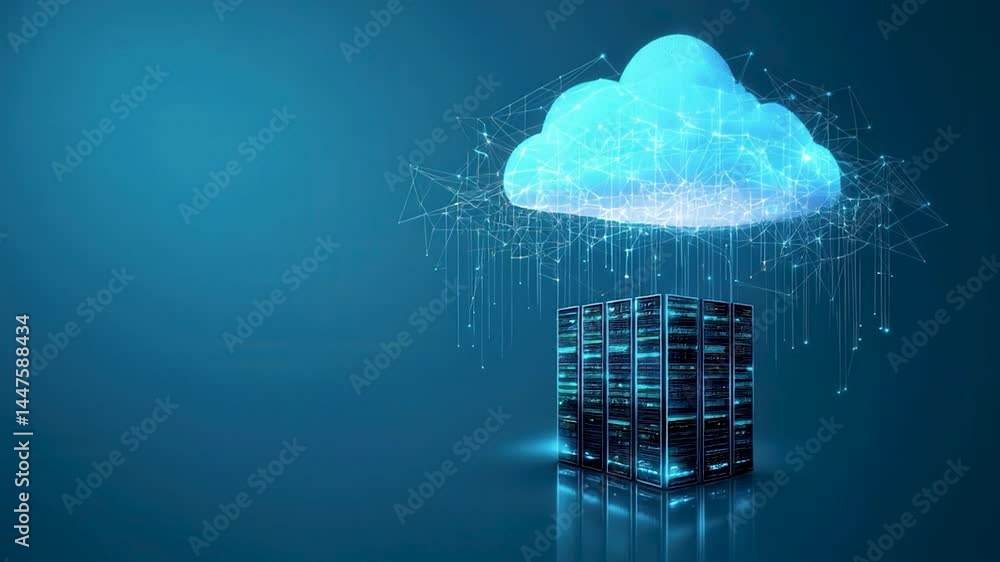 Poster a cloud of data is falling from the sky onto a server box. the server box is surrounded by a blue ba