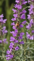 A bee pollinates purple rosemary blossoms in natural sunlight , plant, purple flowers