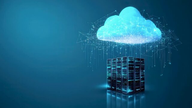 A cloud of data is falling from the sky onto a server box. The server box is surrounded by a blue background