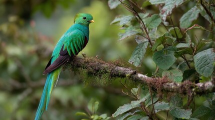 Fototapeta premium Resplendent Quetzal Perched on Branch in Cloud Forest