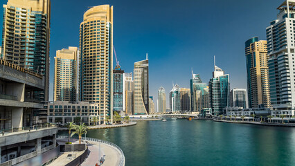 Dubai Marina towers and canal in Dubai timelapse hyperlapse