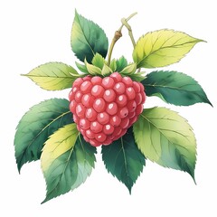 Watercolor raspberry plant illustration featuring ripe fruit and green leaves in a botanical style