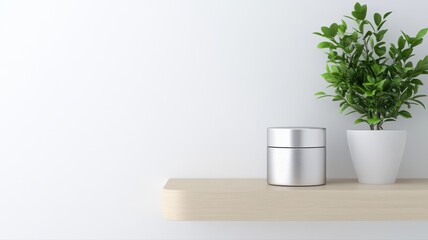 Minimalist Shelf with Potted Plant and Silver Container Against White Wall minimalism shelf modern