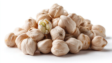 Pile of light beige, round seeds, some showing a glimpse of a small, inner seed