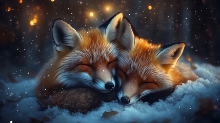 Two Sleepy Foxes Nestled in Soft White Snow Under a Bright Winter Sky Creating a Peaceful Scene